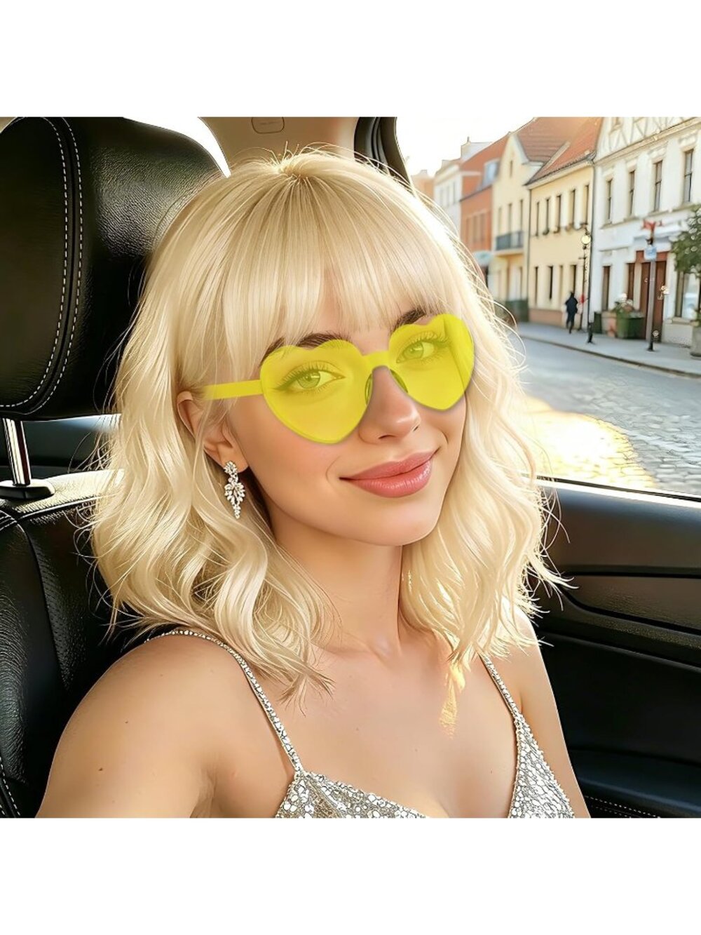 Women's Blonde Curly Bob Synthetic Wigs Bangs With Neon Heart Sunglasses
